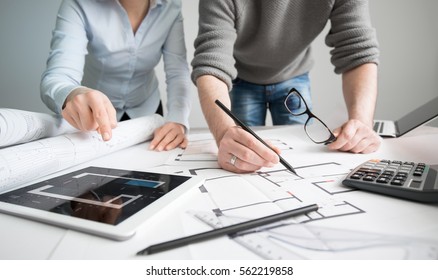 Architects Architect Project Interior Design Designer Planning People Architecture Drawing Business Plan Construction Sketch House Concept - Stock Image