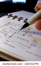Architect's hands are sketching architectural plans with pencils on a sketchbook on a desk with a laptop. - Shutterstock ID 2187213793