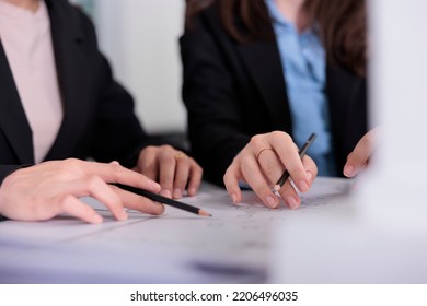 Architects Working On Cad Project, Designers Hands With Pencils On Blueprint Closeup. Real Estate Agency Employees Drawing Architectural Draft, Writing Building Technical Plan Concept