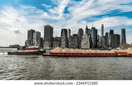 architectural building in metropolis city with skyscraper skyline of manhattan with barge
