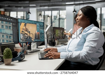 Architectural CAD software, interior design engineer, african american, female architect working with 3D rendering floor plan for apartment blueprint. Professional tools and computer graphics.
