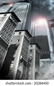 Architectural City Scape Of Smaller Brick Buildings And American Flag Leading Up To A Focal Point On The Tops Of Steel Reflective Skyscrapers