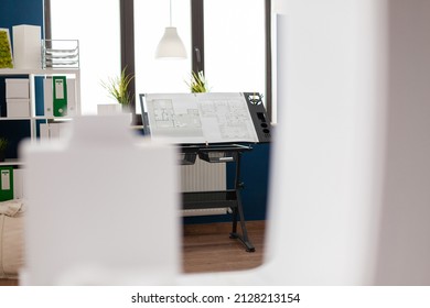 Architectural Design Board With Blueprints For Real Estate Development In Modern Architect Open Space Office. Stand With Drawing Plans For Urban Planning Building Complex .