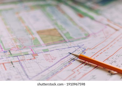 The architectural design. Construction plans. Diagram, drawings, detailed plan for the construction of the structure. Selective Focus. - Shutterstock ID 1910967598