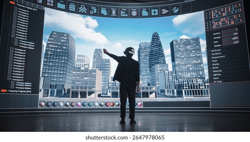 Architectural Designer in a VR Headset Creates a Panoramic City AI Design Based on Engineering Data and Algorithms. Big Screen Streaming User Interface with Digitization Results