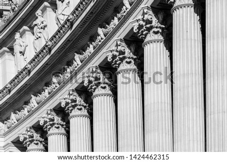 Architectural detail of columns of Vittorio Emanuele II Monument, aka Vittoriano or Altare della Patria. Rome, Italy. Black and white image.