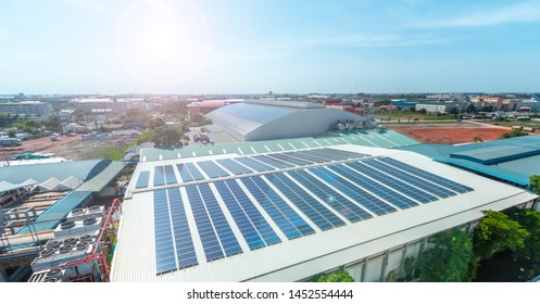 Architectural Detail Of Metal Roofing On Commercial Construction Solar Panels Or Solar Cells On Factory Rooftop Or Terrace With Sun Light, Industry.