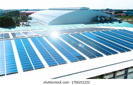 Architectural Detail Of Metal Roofing On Commercial Construction Solar Panels Or Solar Cells On Factory Rooftop Or Terrace With Sun Light, Industry.