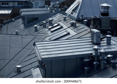 Architectural detail of metal roofing on commercial construction of modern building complex. High quality photo