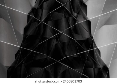 Architectural detail. Polyhedron and polygonal structure of metal and glass. Black and white geometric background. Close-up of hi-tech interior. Fragment of abstract modern architecture constructions.