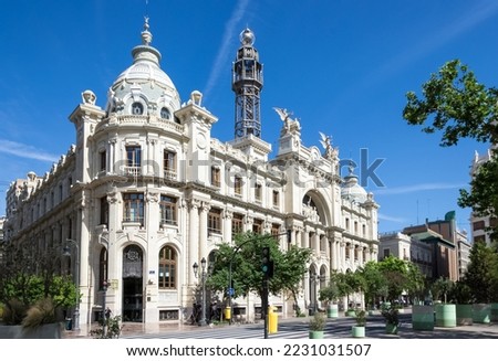 Architectural detail of the Post Office Building of the Spanish city of Valencia, located at the Plaza del Ayuntamiento (City Hall Square). Translation on building text “post and telegraph, year 1922”