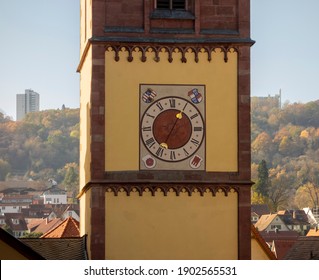 architectural detail showing a tower clock in Wertheim am Main in Southern Germany