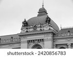 Architectural details of the Alexandru Ioan Cuza University in Iasi, black and white photography, selective focus, Romania