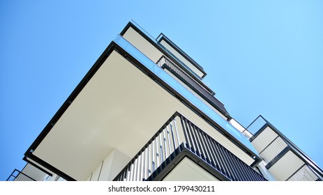 Architectural details of modern apartment building. Modern european residential apartment building complex.