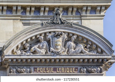 Architectural details of Opera National de Paris: Front Facade Ã¢Â?Â? Poetry, Lyrics. Grand Opera (Garnier Palace) is famous neo-baroque building in Paris, France - UNESCO World Heritage Site.