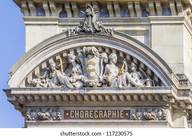 Architectural details of Opera National de Paris: Front Facade Ã¢Â?Â? Choreography. Grand Opera (Garnier Palace) is famous neo-baroque building in Paris, France - UNESCO World Heritage Site.