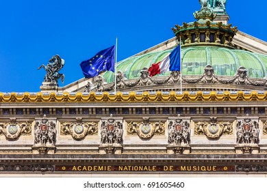 Architectural details of the Opera National de Paris. Grand Opera (Opera Garnier) is famous neo-baroque building in Paris. Designed by Charles Garnier in 1875. Paris, France