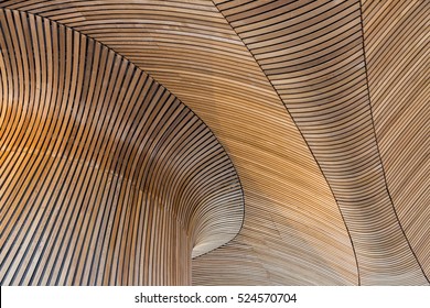 Architectural details of Welsh Assembly building. Wooden planks from sustainable sources. Eco-friendly design at its best.