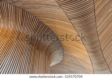 Architectural details of Welsh Assembly building. Wooden planks from sustainable sources. Eco-friendly design at its best.
