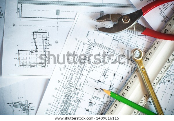 Architectural Drawings Closeup Simple Pencil Drawing Stock
