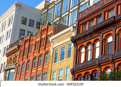 Architectural Elements Of Washington DC Buildings. Metro Center Neighborhood Buildings Under The Afternoon Sun.