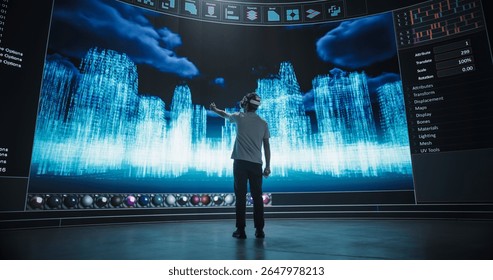 Architectural Engineer in a VR Headset Designs Futuristic Cityscapes on a Big Panoramic Digital Screen. 3D Render Shows Buildings Made with Polygon Mesh. Virtual Reality Technology Innovation Concept