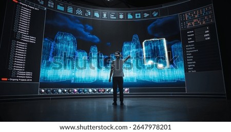 Architectural Engineer in a VR Headset Designs Futuristic Cityscapes on a Big Panoramic Digital Screen. 3D Render Shows Buildings Made with Polygon Mesh. Virtual Reality Technology Innovation Concept