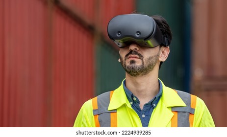 Architectural engineer wearing VR Headset look container cargo ship. Shipping import export industry Logistics business. - Powered by Shutterstock