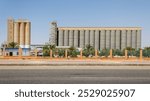 Architectural engineering art of construction, the exterior facade of the General Organization for Grains in the Kingdom of Saudi Arabia, grain silos and flour mills in the Sakaka Al-Jawf region, inte