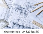 Architectural engineering design plan drawing on the table. Architect