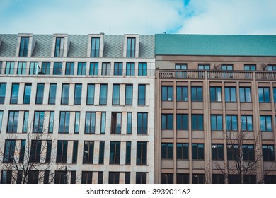 Architectural Exterior Of Modern Low Rise Commerical Office And Residential Apartment Building Facades In Varying Styles In Urban Berlin, Germany