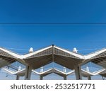 Architectural feature, roofing construction on railway station in Novi Sad, selective focus