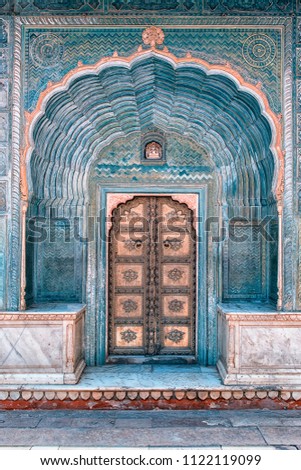 Architectural features in the City palace in Jaipur, India