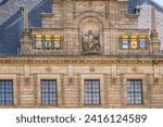 Architectural fragments of Rotterdam City Hall (Stadhuis van Rotterdam) at Coolsingel. Rotterdam City Hall is one of the few old buildings left in the centre of the city. Rotterdam, The Netherlands.