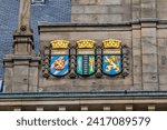 Architectural fragments of Rotterdam City Hall (Stadhuis van Rotterdam) at Coolsingel. Rotterdam City Hall is one of the few old buildings left in the centre of the city. Rotterdam, The Netherlands.