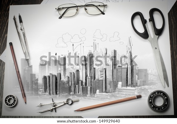 Architectural hand
drawn project with set of
tools