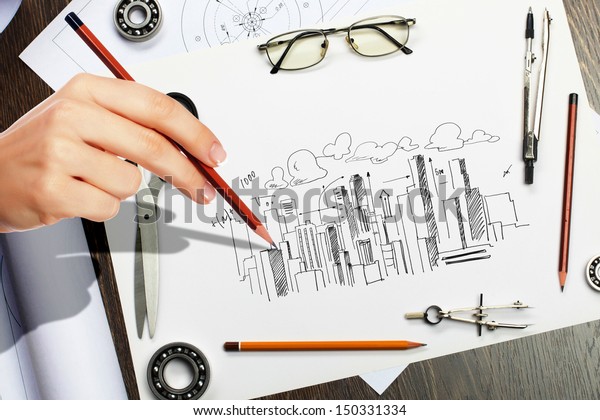 Architectural hand\
drawn project with set of\
tools
