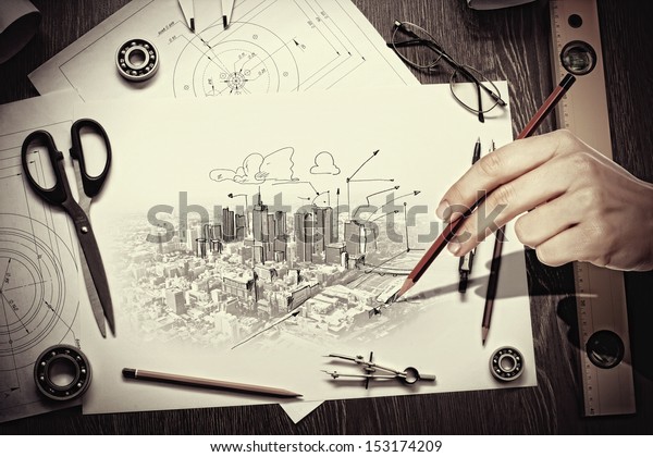 Architectural hand\
drawn project with set of\
tools