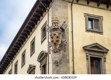 Architectural And Heraldry Details The Emblem Of Medici Family On Old House In Florence, Italy