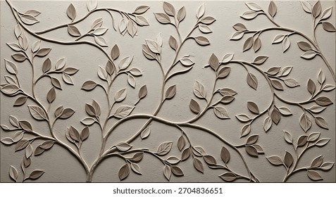 Architectural interior design element featuring a carved tree motif with textured surfaces and earthy colors.