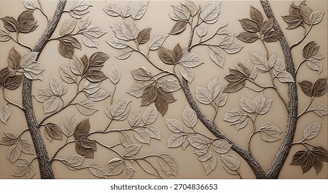 Architectural interior design element featuring a carved tree motif with textured surfaces and earthy colors.