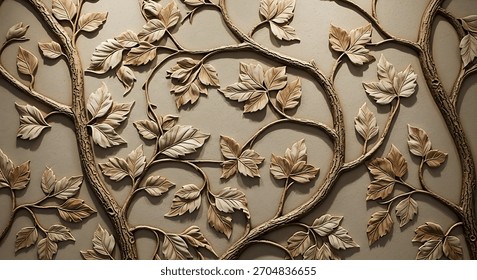 Architectural interior design element featuring a carved tree motif with textured surfaces and earthy colors.