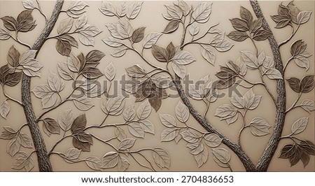 Architectural interior design element featuring a carved tree motif with textured surfaces and earthy colors.
