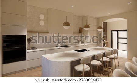 Architectural kitchen visualization with marble countertops