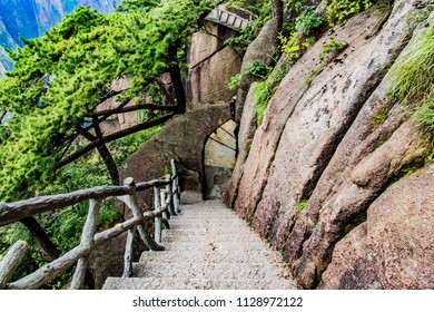 Architectural landscape of the Xihai Canyon plank road in Huangshan Scenic Area, Huangshan City, Anhui Province