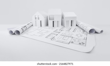 architectural model of houses on blueprint draw, isolated on white background, banner layout with copy space for building construction plan or real estate sale, Image usable for concept of bank loan - Shutterstock ID 2164827971