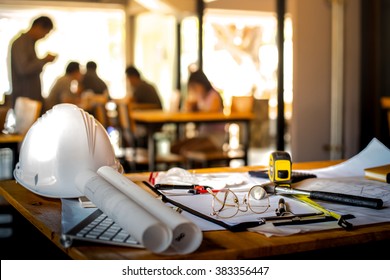 Architectural Office desk background construction project ideas concept, With drawing equipment with mining light - Shutterstock ID 383356447