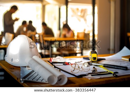 Architectural Office desk background construction project ideas concept, With drawing equipment with mining light
