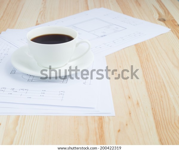 Architectural Office Desk Blueprints Coffe Cup Stock Photo Edit