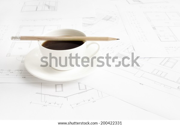 Architectural Office Desk Blueprints Coffe Cup Royalty Free